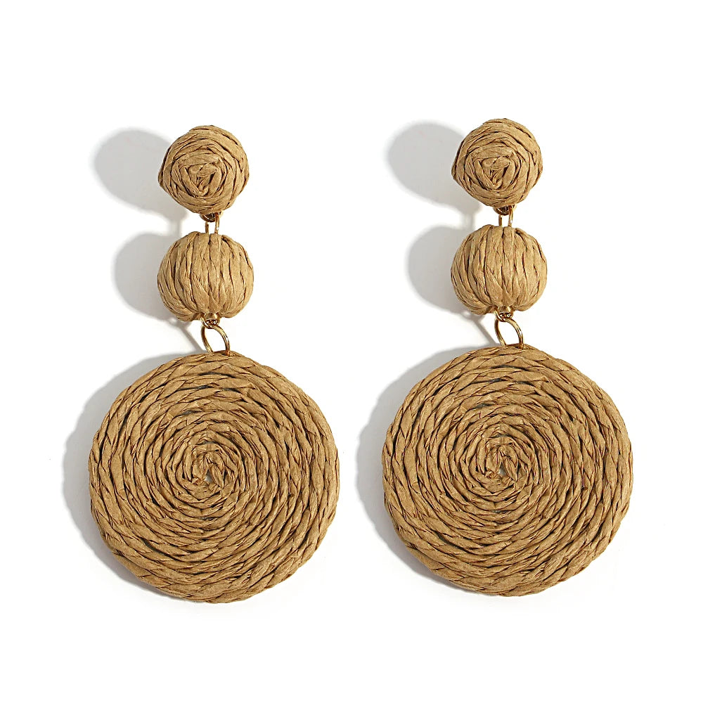 AENSOA Boho Yellow Raffia Round Drop Earrings for Women Handmade Geometric Rattan Knit Hanging Earrings Summer Beach Jewelry