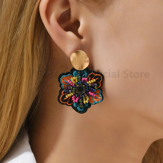 Handmade Embroidered Flower Dangle Earrings For Women Boho Luxury Elegant Colorful Rice Beads Decor Pendant Fashion Jewelry Gift