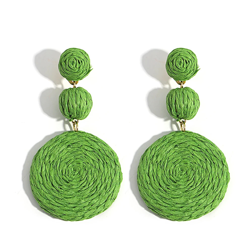 AENSOA Boho Yellow Raffia Round Drop Earrings for Women Handmade Geometric Rattan Knit Hanging Earrings Summer Beach Jewelry