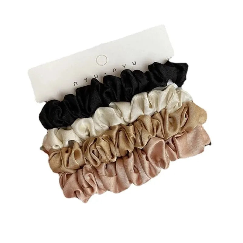 4pcs Pure Silk Skinnies Small Scrunchie Set Hair Bow Ties Ropes Bands Scrunchy Elastics Ponytail Holders for Women Girls