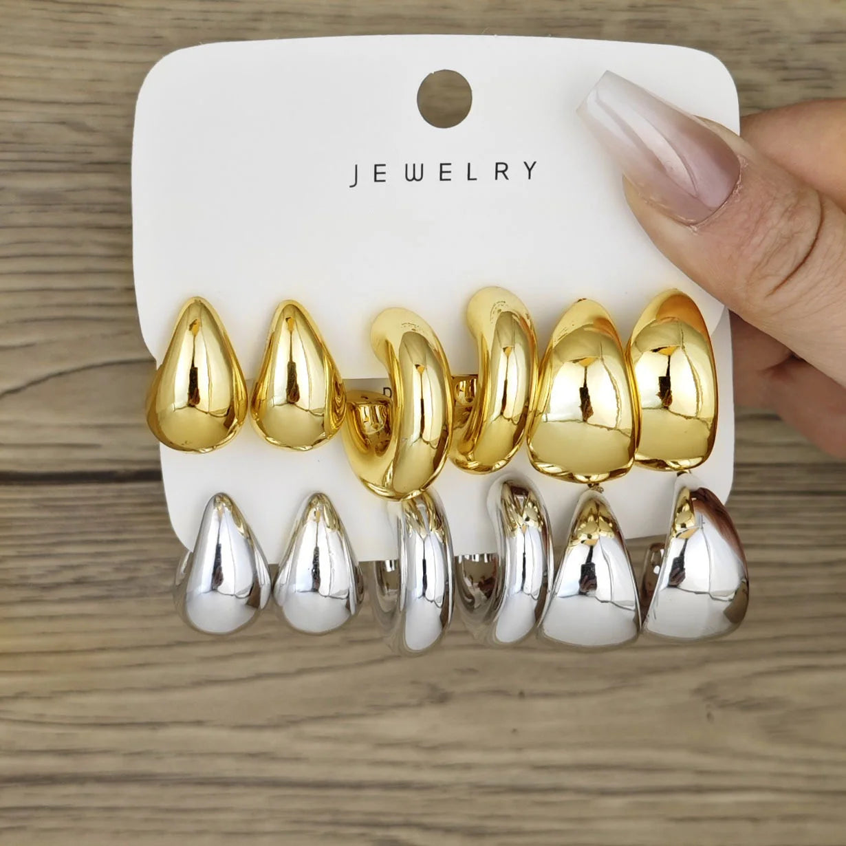 6pcs Chunky Gold Plated Waterdrop Hoop Earring Set For Women European and American Minimalist Smooth Circle Drop Earring Jewelry