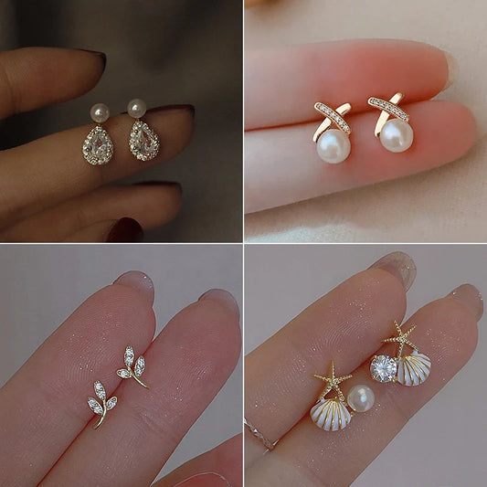 French Vintage Zircon Leaf Pearl Stud Earrings for Women Gold Color Delicate Elegant Earring Banquet Party Jewelry Gift