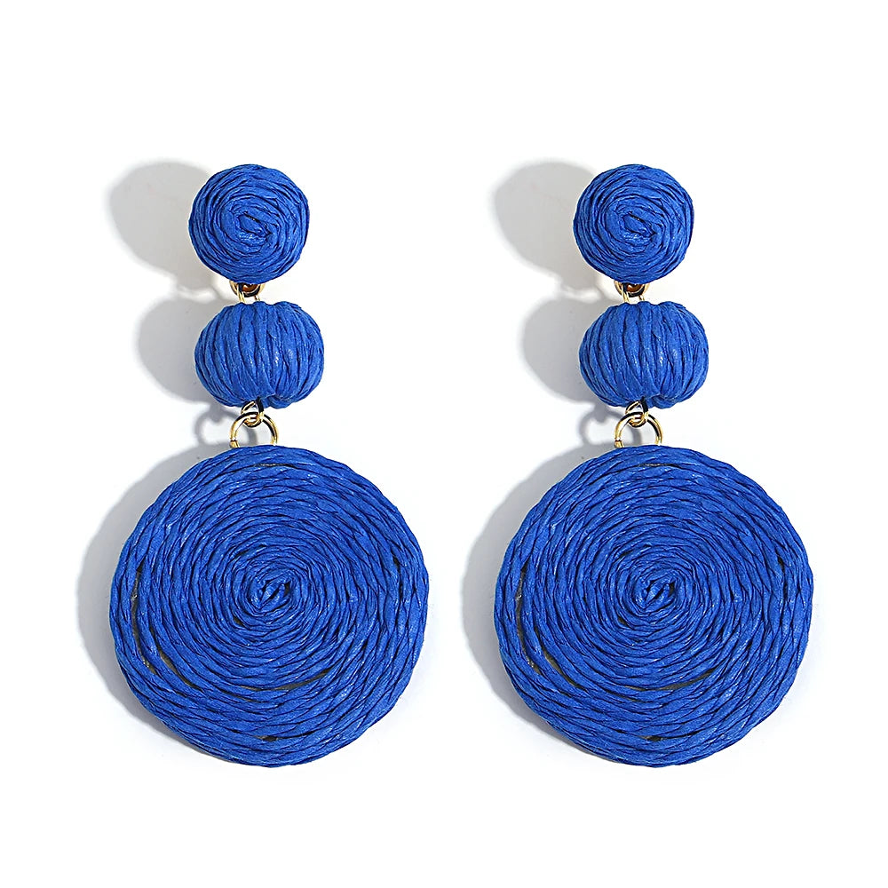 AENSOA Boho Yellow Raffia Round Drop Earrings for Women Handmade Geometric Rattan Knit Hanging Earrings Summer Beach Jewelry