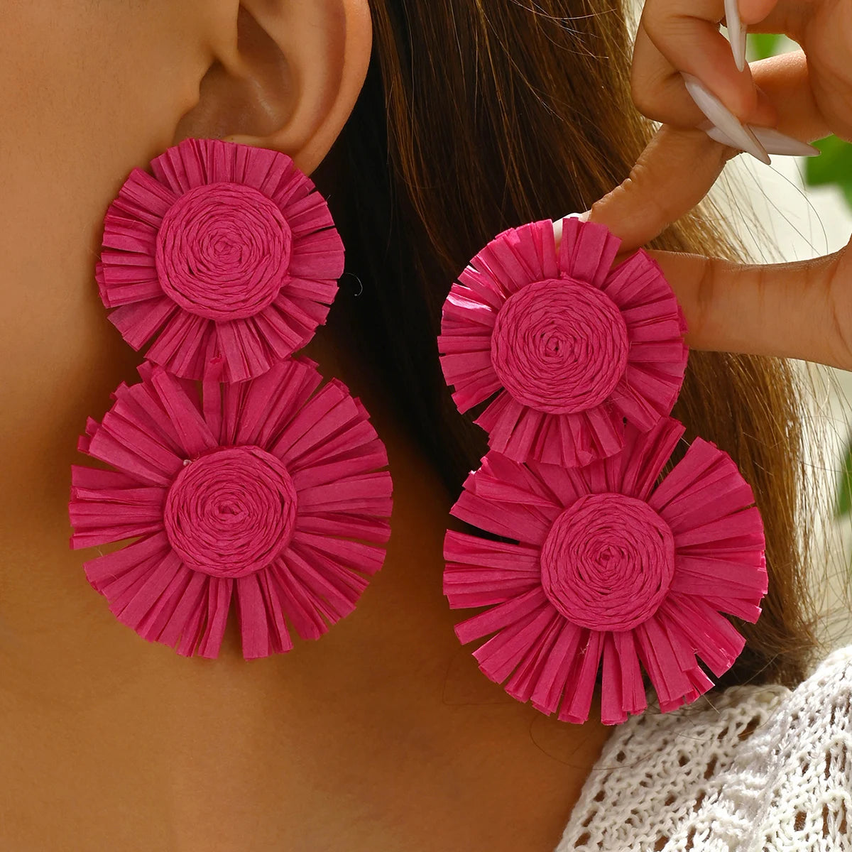 A Pair of Bold Sunflower Bohemian Hand-Woven Raffia Earrings in A Variety of Colors Suitable for Beach Vacation Balls