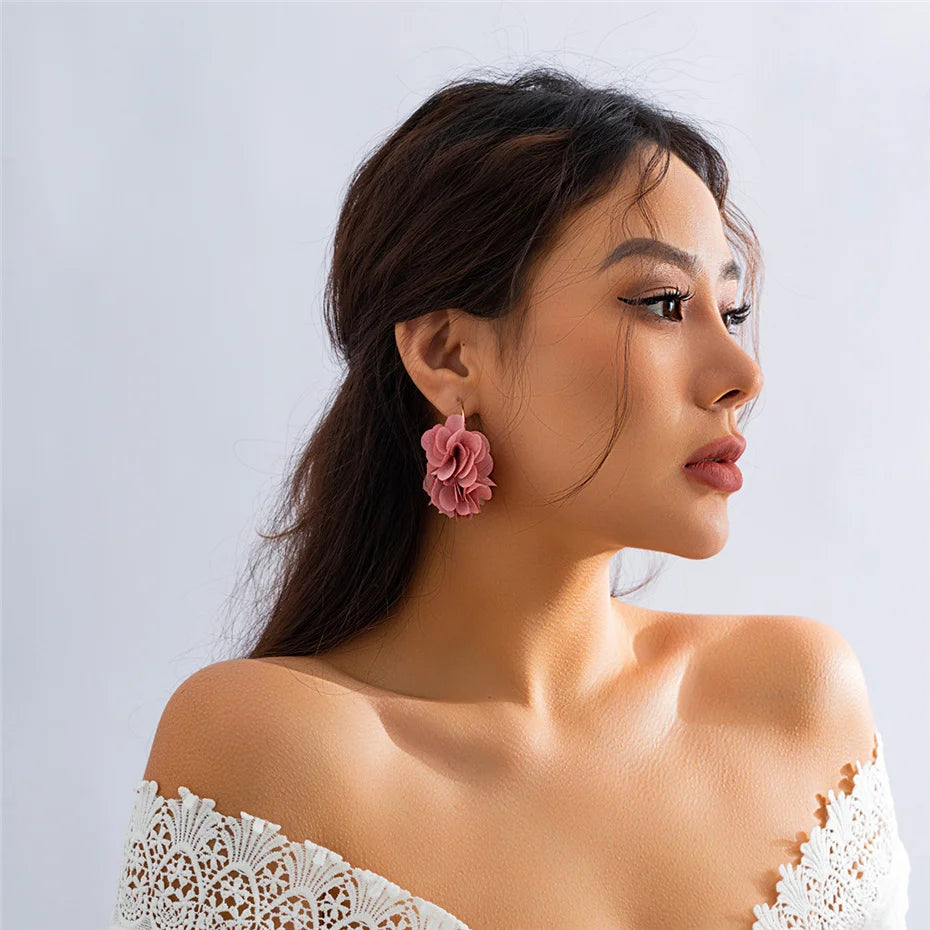 Bohemia Fashion Fabric Rose Flower Pendant Hoop Earrings For Women Kpop Colorful Earrings Party Jewelry Y2K Accessories Bijoux