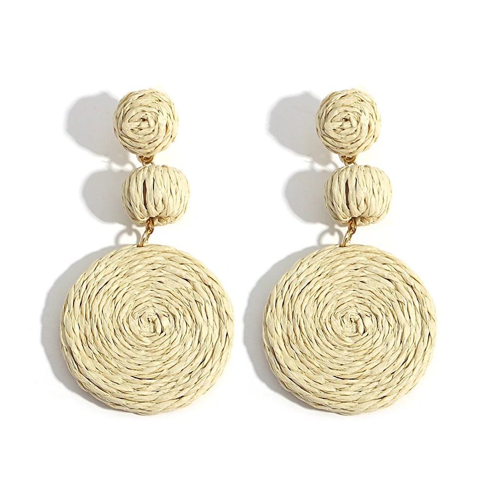 AENSOA Boho Yellow Raffia Round Drop Earrings for Women Handmade Geometric Rattan Knit Hanging Earrings Summer Beach Jewelry