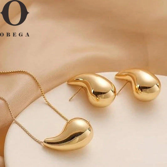 Zoes 2PCs Set Water Drop Earring Necklace Set Gold Color Trendy Necklace Tear Drop Earring Shinny Silver Women Jewelry Set