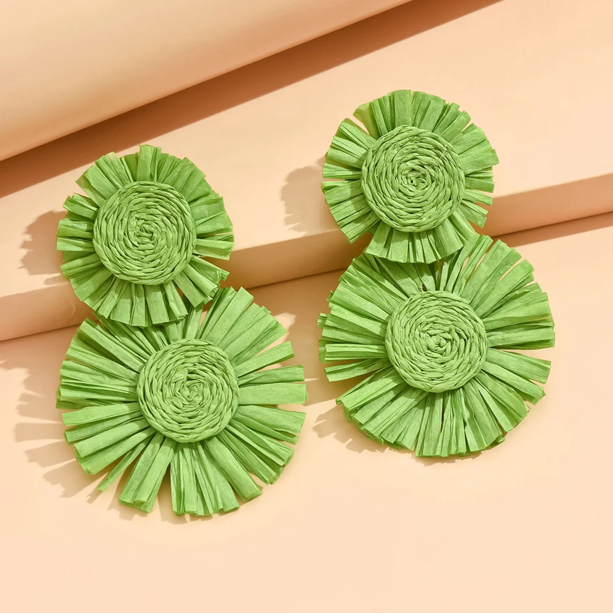 A Pair of Bold Sunflower Bohemian Hand-Woven Raffia Earrings in A Variety of Colors Suitable for Beach Vacation Balls