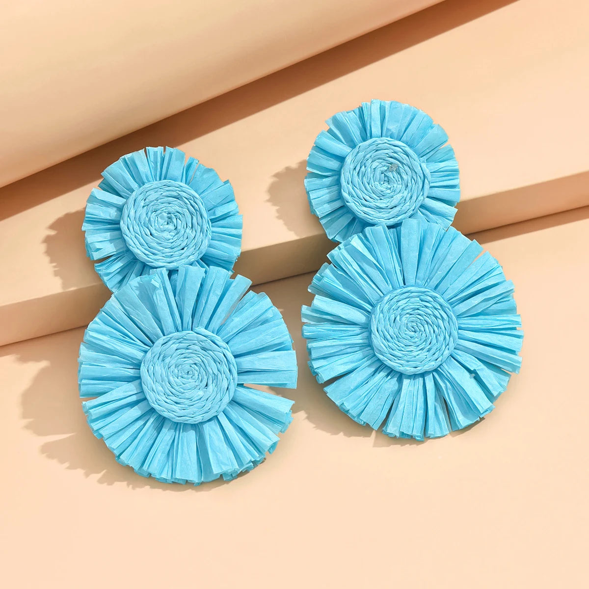 A Pair of Bold Sunflower Bohemian Hand-Woven Raffia Earrings in A Variety of Colors Suitable for Beach Vacation Balls